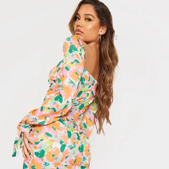 *LIKE NEW* Floral Print Puff Sleeve Tie Cuff Midi Dress - Picture 3 of 3